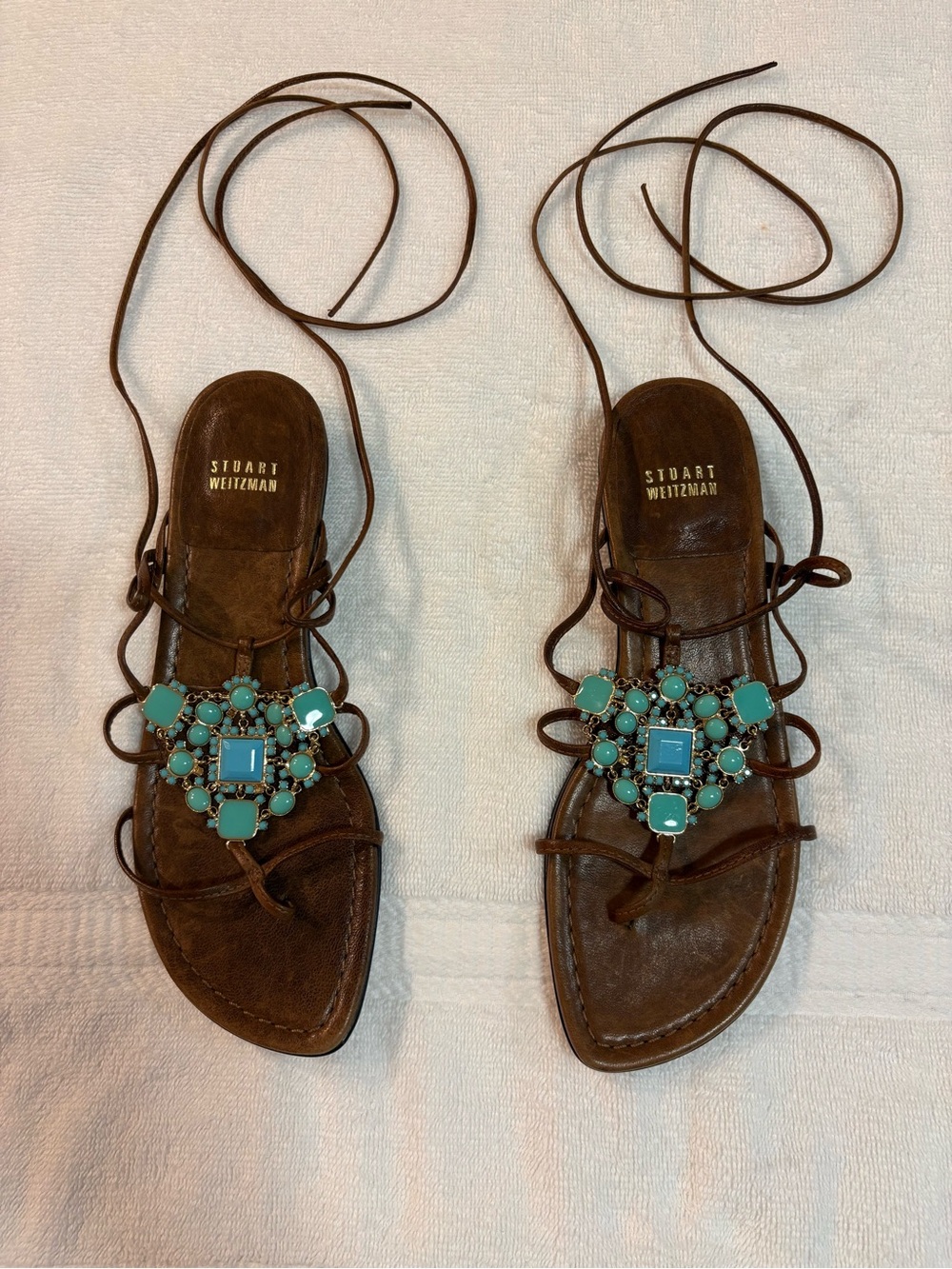 Stuart Weitzman Brown Leather Lace-Up Sandals with Turquoise Stones
